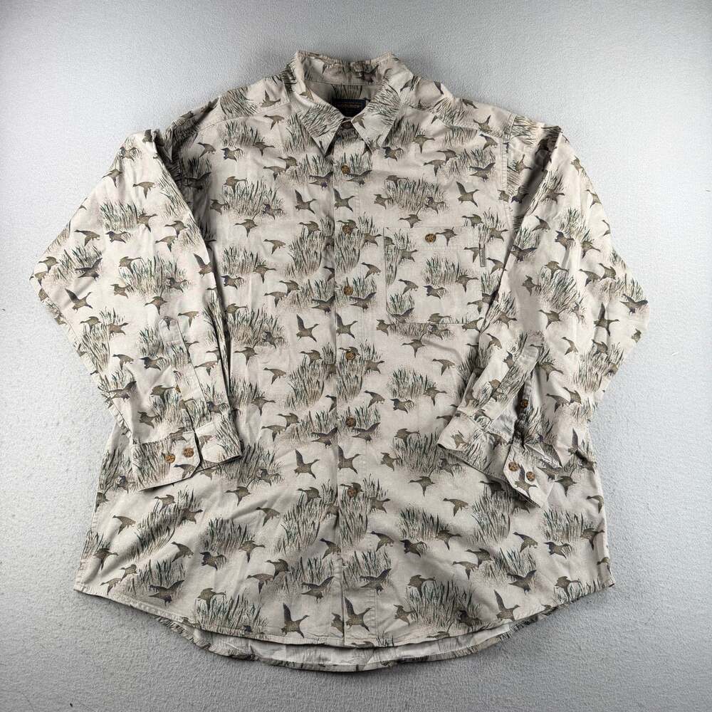 Woolrich Flying Ducks Shirt Men XL Beige Cotton Long Sleeve Hunting OutdoorPrint